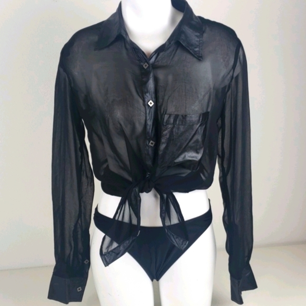 Uniq button down sheer black top blouse size small